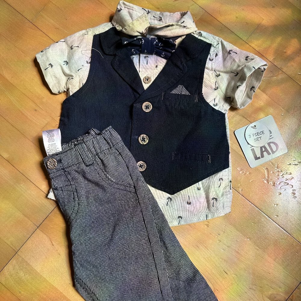 NWT Matching Set Vest/Collared Shirt/Pants with Palm Tree and Stripes | 3-6mo